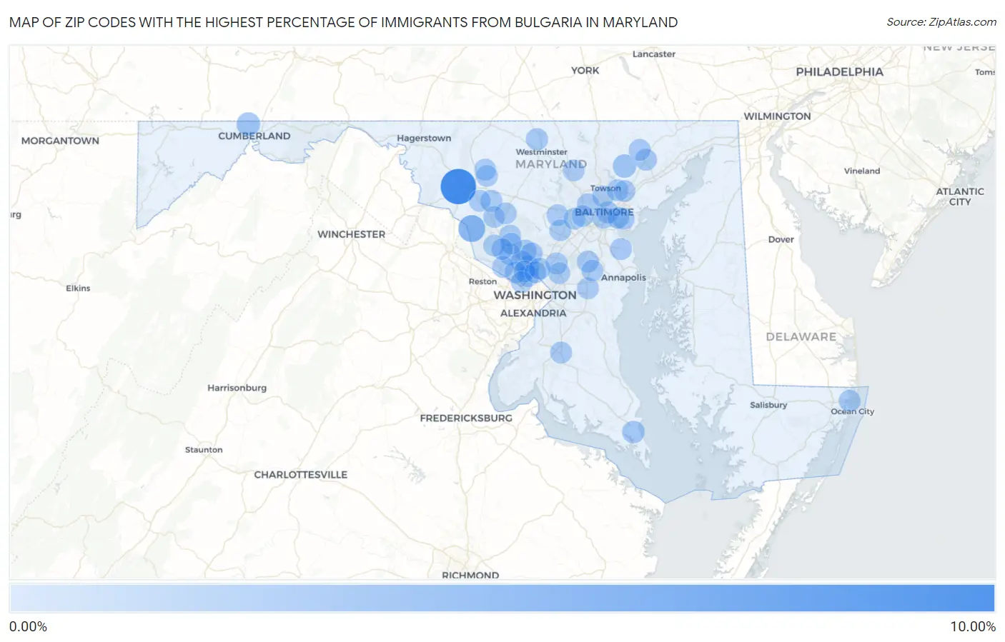 Zip Codes with the Highest Percentage of Immigrants from Bulgaria in Maryland Map