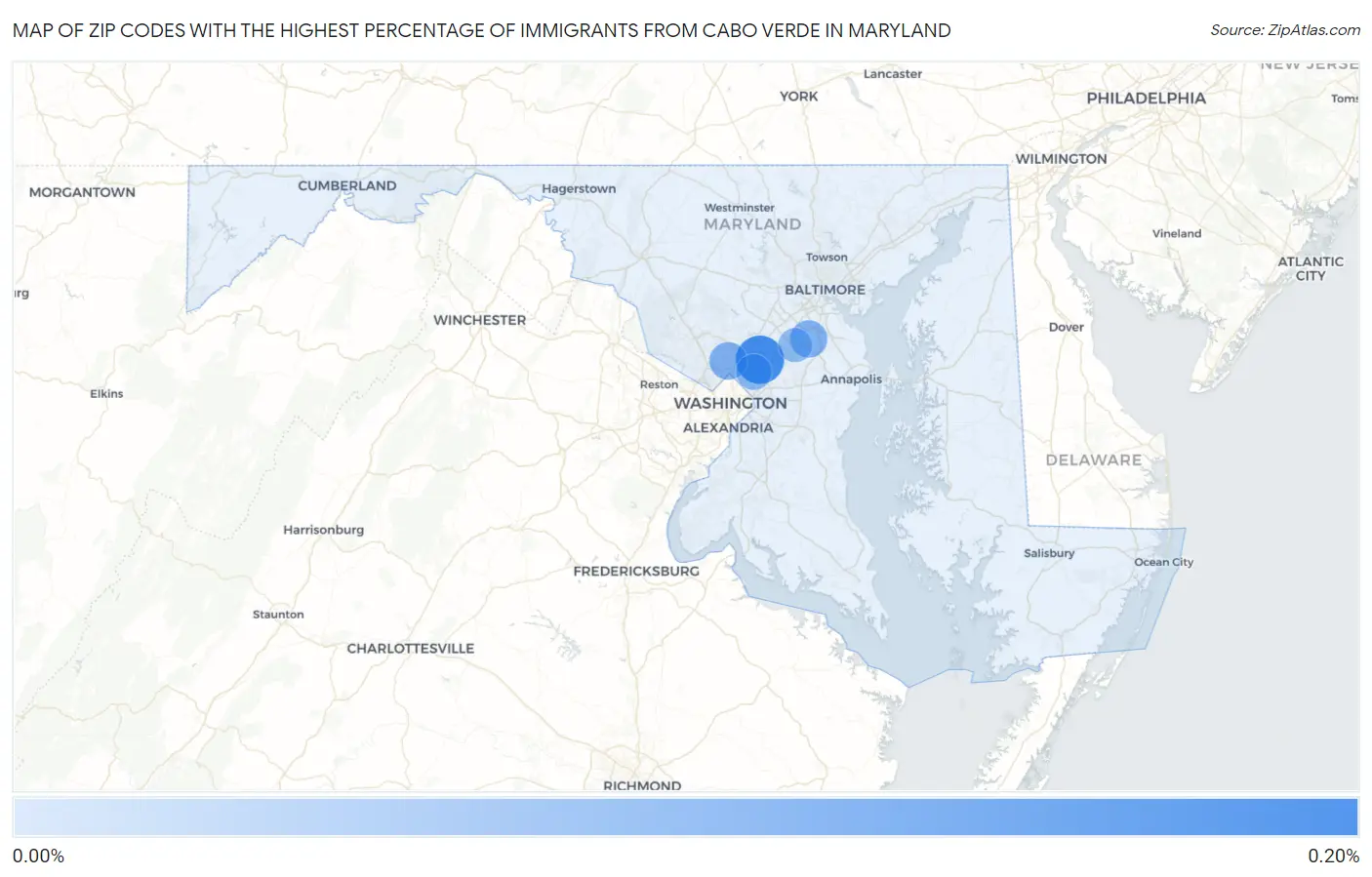 Zip Codes with the Highest Percentage of Immigrants from Cabo Verde in Maryland Map