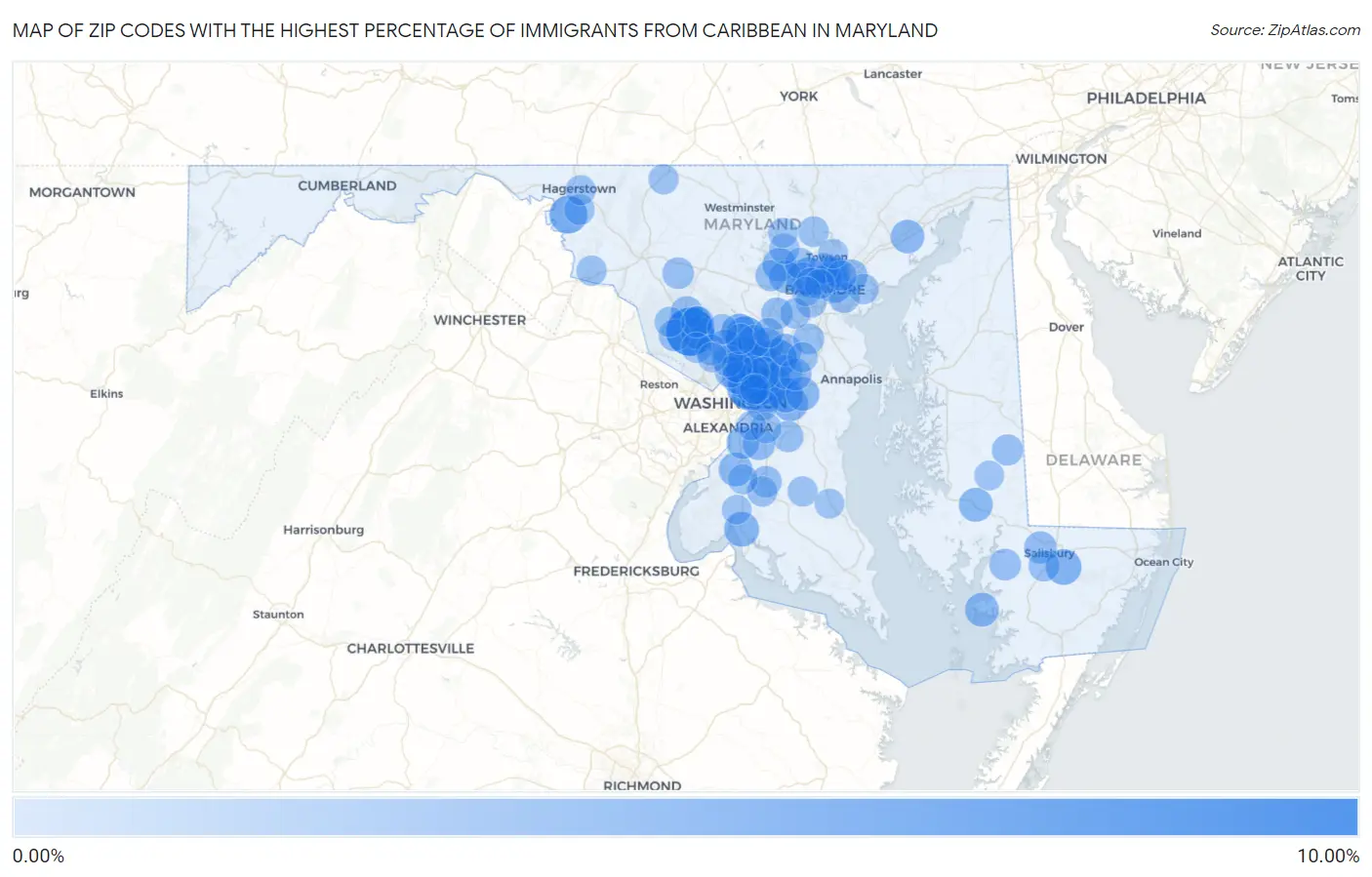 Zip Codes with the Highest Percentage of Immigrants from Caribbean in Maryland Map