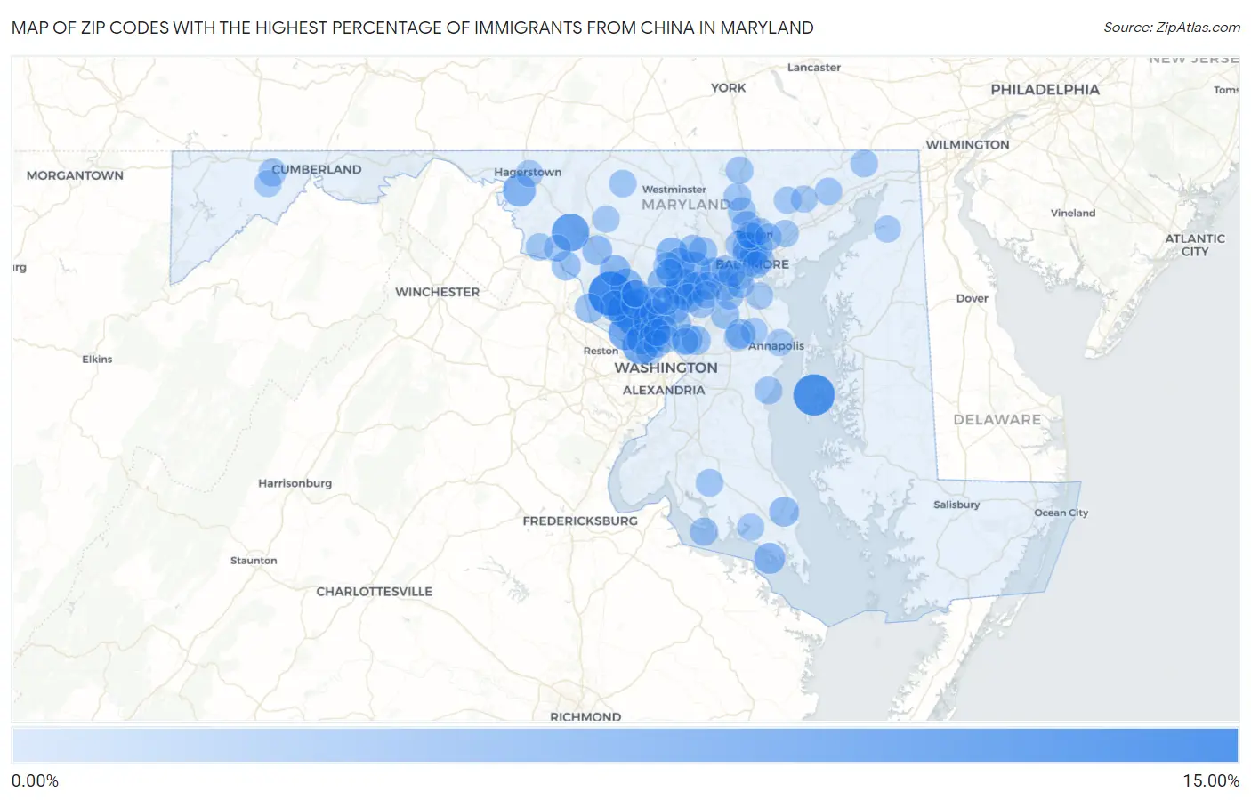 Zip Codes with the Highest Percentage of Immigrants from China in Maryland Map