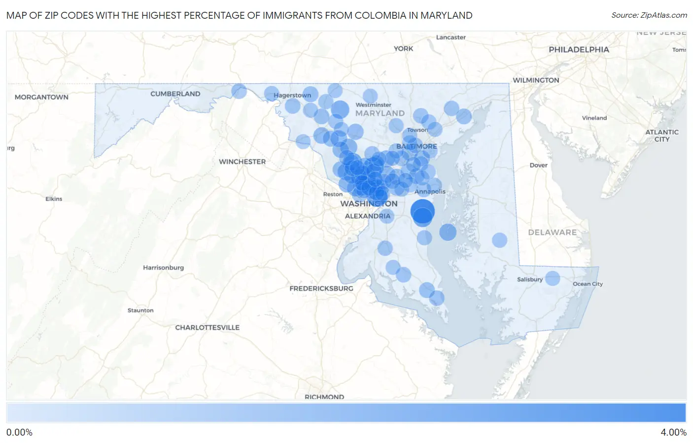 Zip Codes with the Highest Percentage of Immigrants from Colombia in Maryland Map