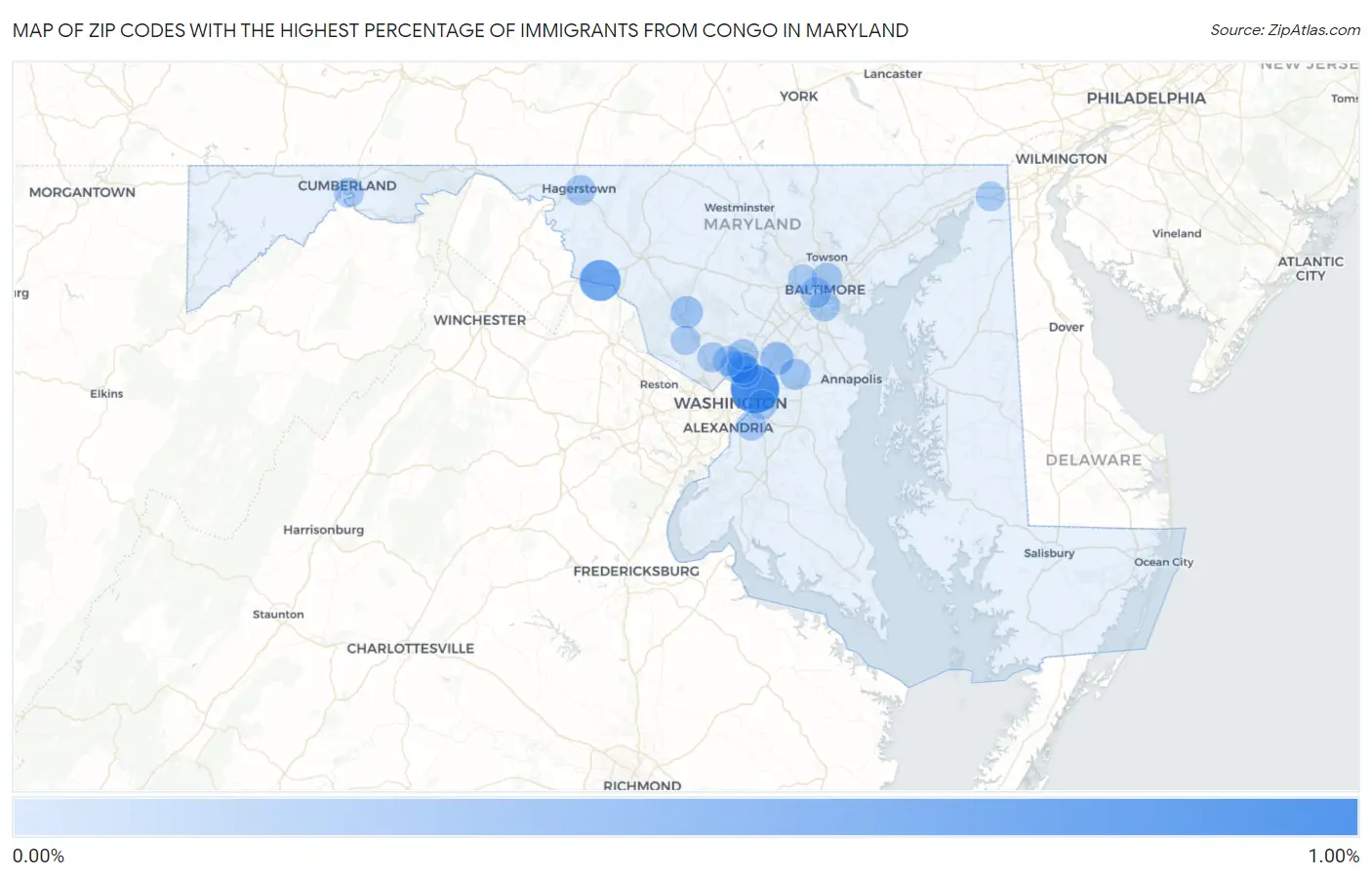 Zip Codes with the Highest Percentage of Immigrants from Congo in Maryland Map