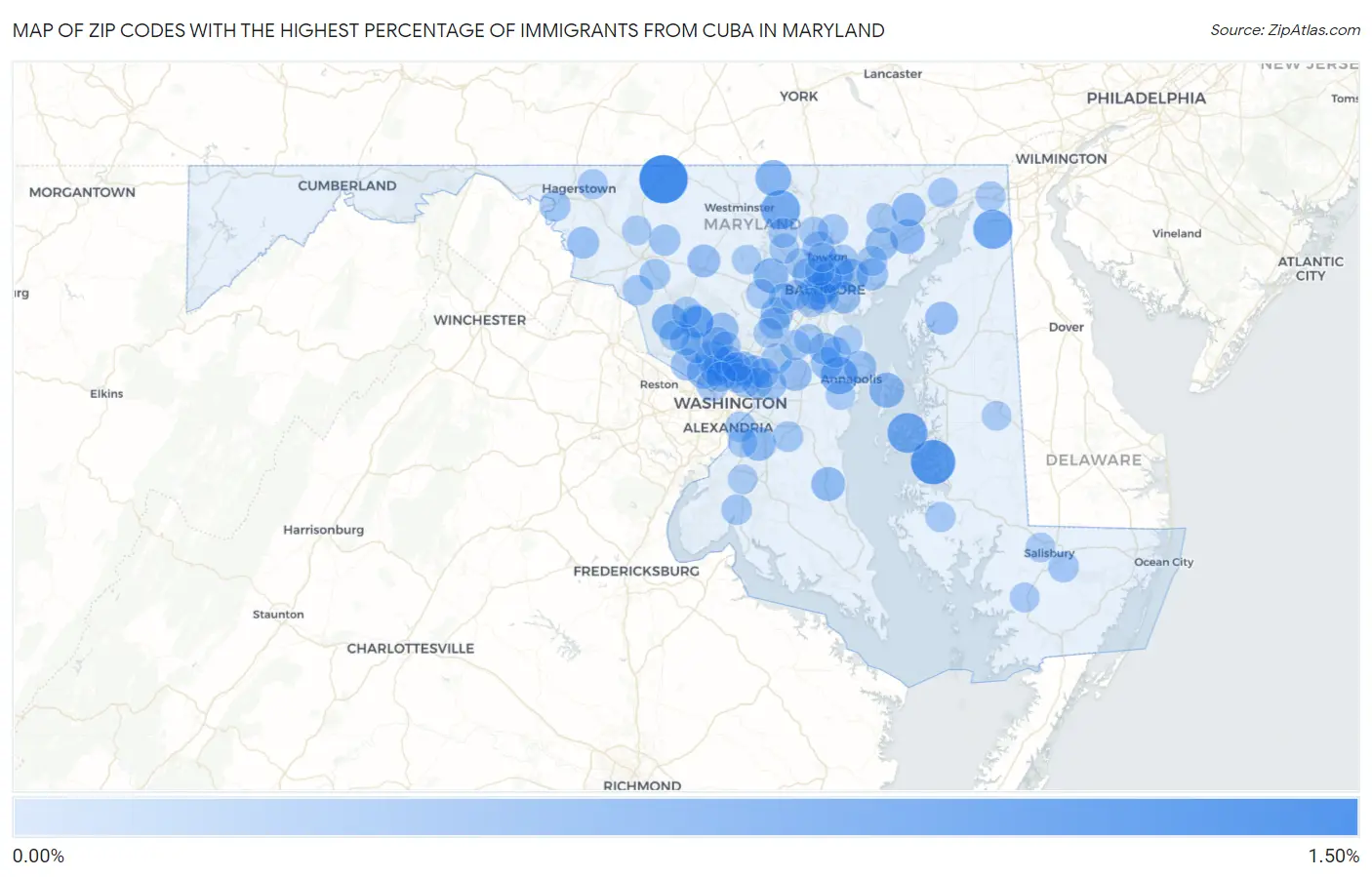 Zip Codes with the Highest Percentage of Immigrants from Cuba in Maryland Map