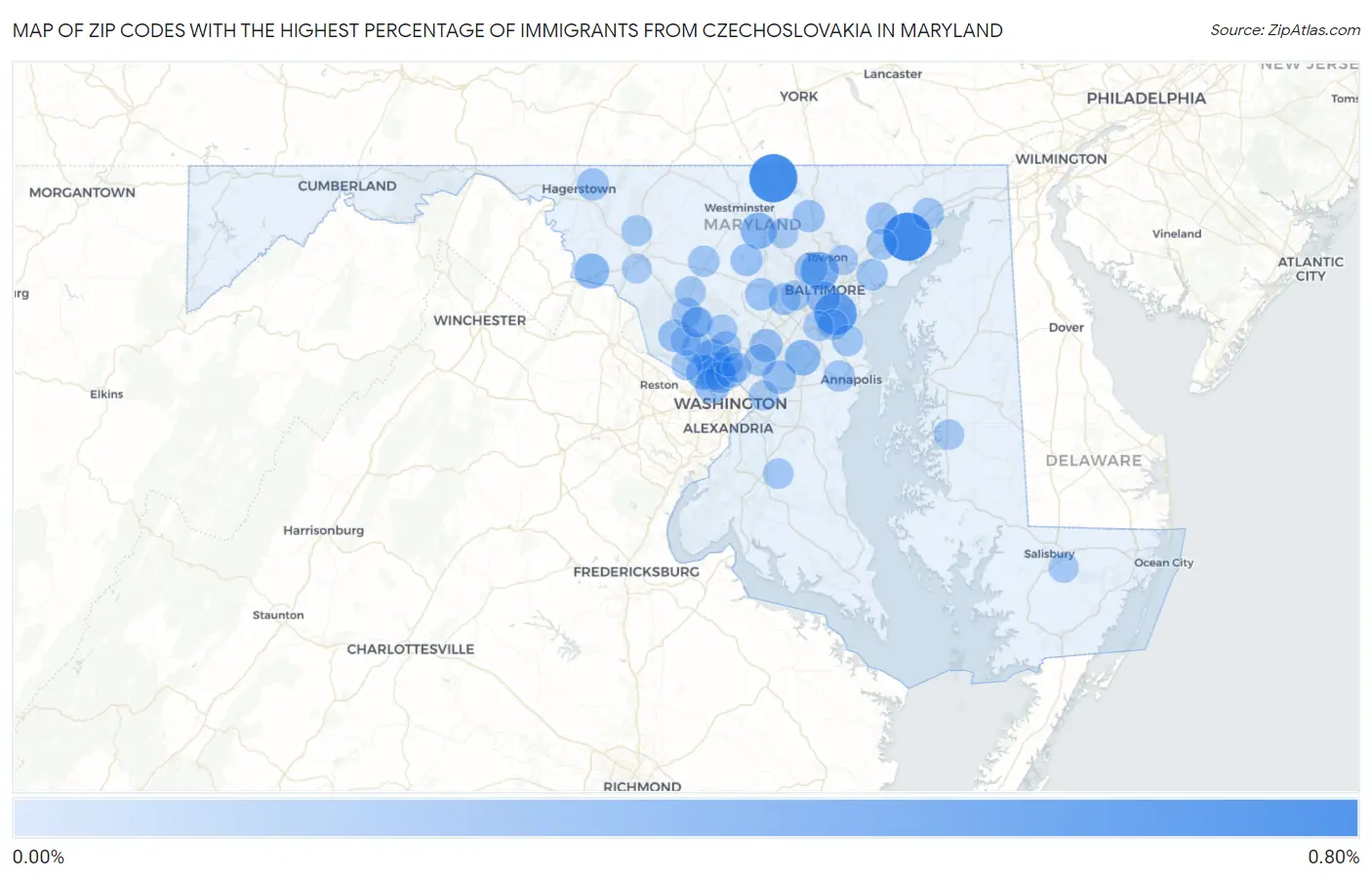 Zip Codes with the Highest Percentage of Immigrants from Czechoslovakia in Maryland Map