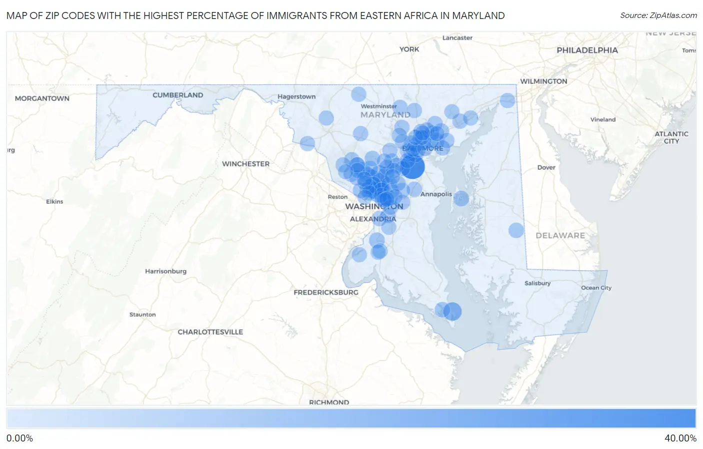 Zip Codes with the Highest Percentage of Immigrants from Eastern Africa in Maryland Map