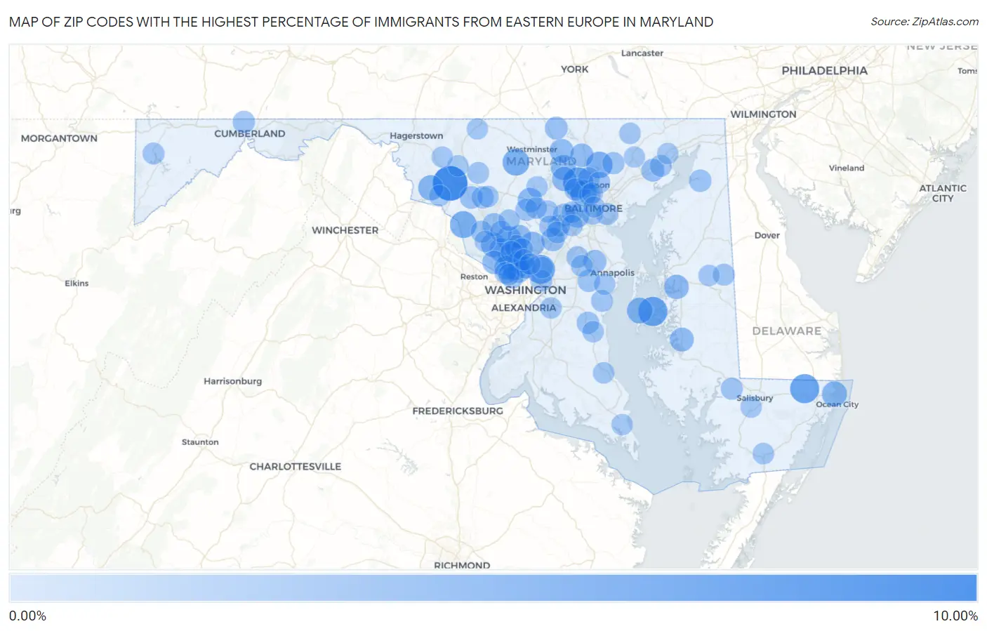 Zip Codes with the Highest Percentage of Immigrants from Eastern Europe in Maryland Map