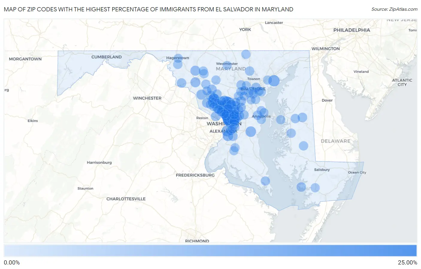 Zip Codes with the Highest Percentage of Immigrants from El Salvador in Maryland Map
