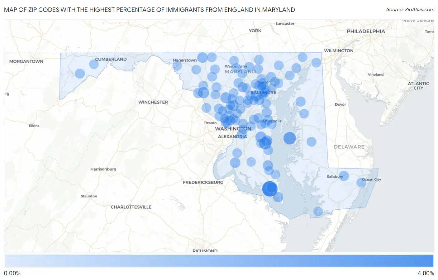 Zip Codes with the Highest Percentage of Immigrants from England in Maryland Map