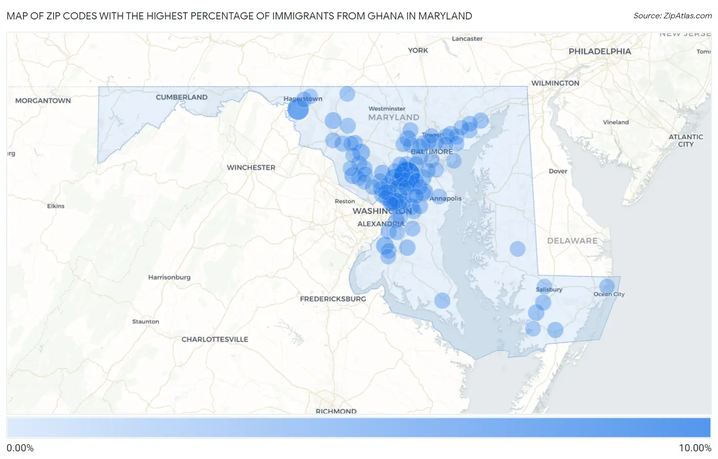 Zip Codes with the Highest Percentage of Immigrants from Ghana in Maryland Map