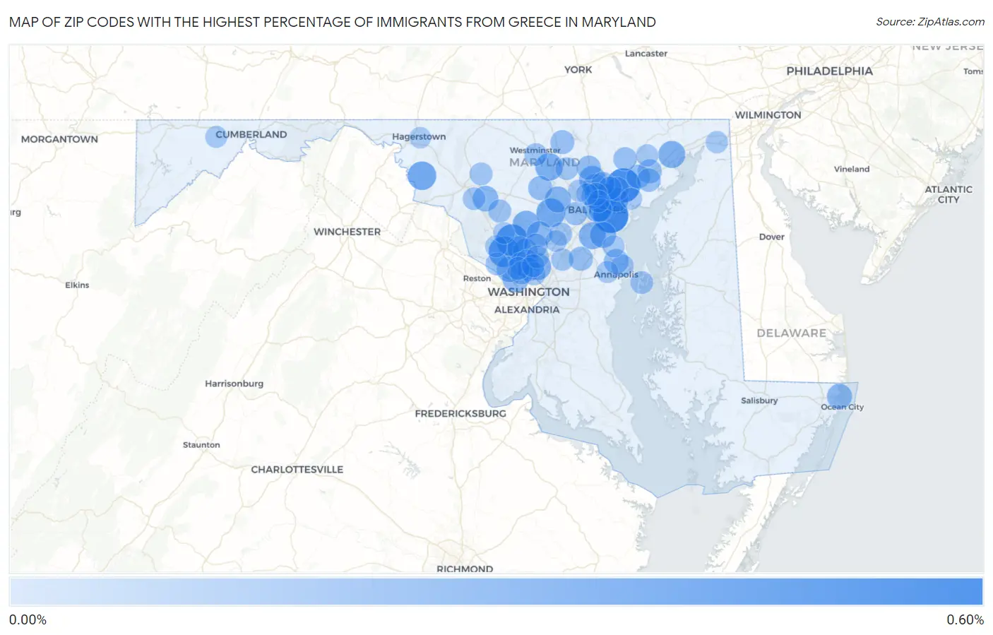 Zip Codes with the Highest Percentage of Immigrants from Greece in Maryland Map