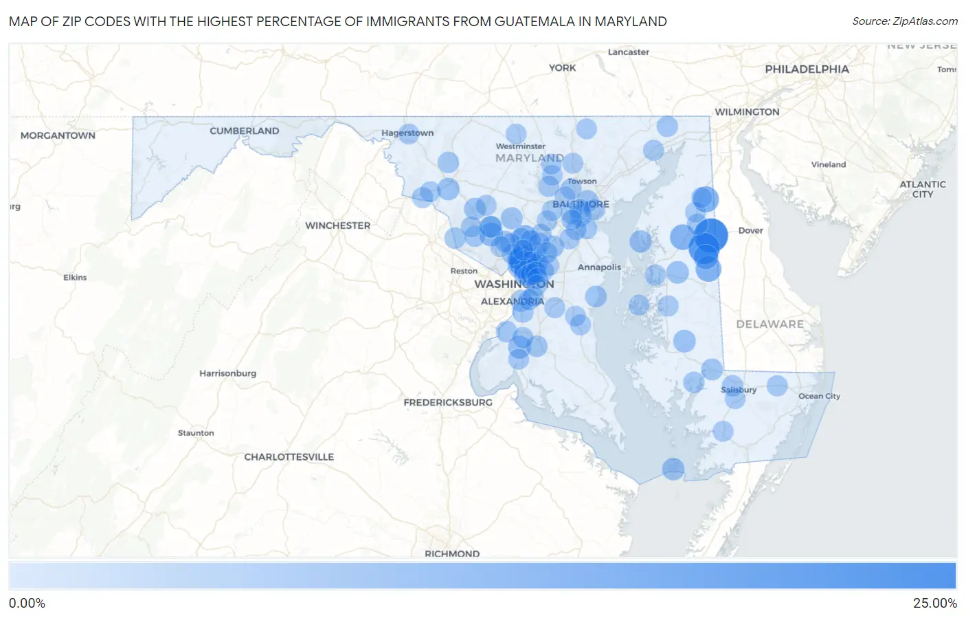 Zip Codes with the Highest Percentage of Immigrants from Guatemala in Maryland Map