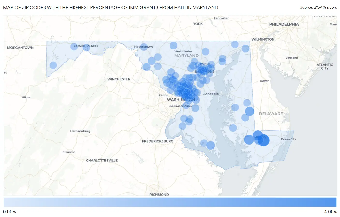 Zip Codes with the Highest Percentage of Immigrants from Haiti in Maryland Map
