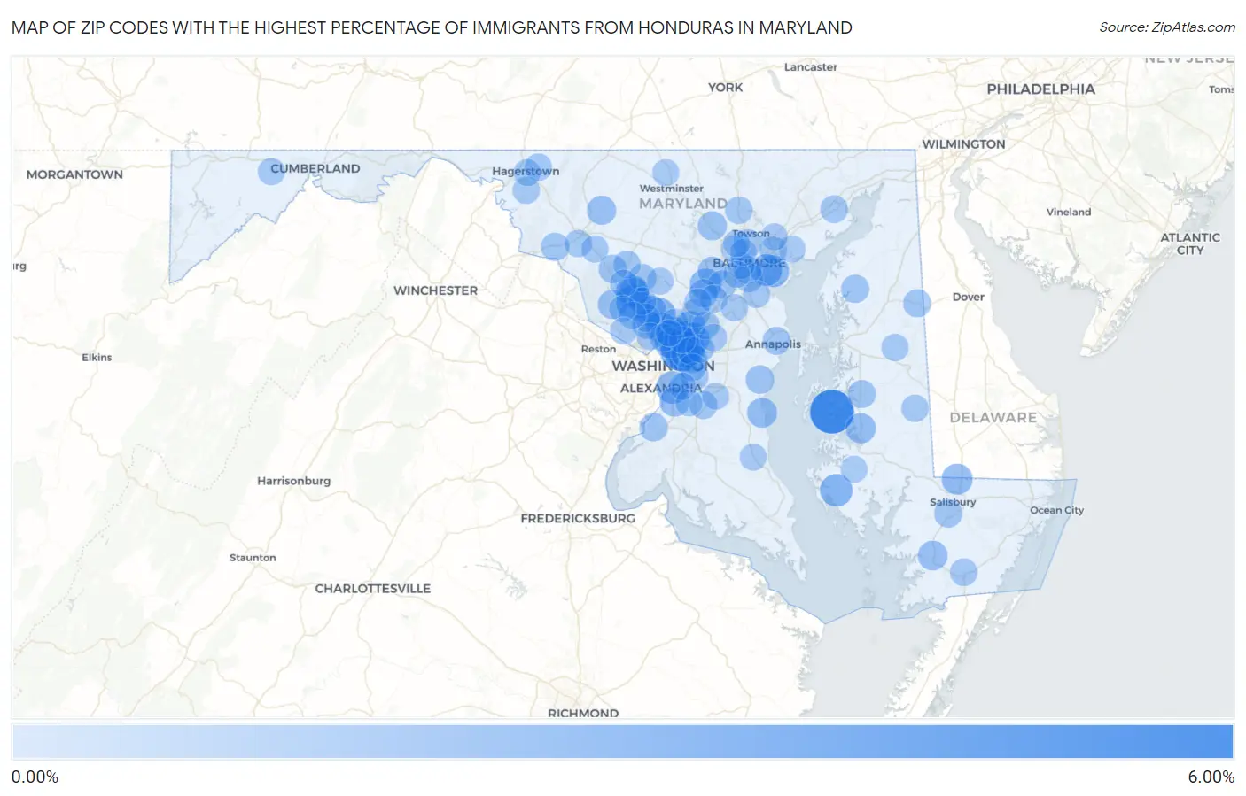 Zip Codes with the Highest Percentage of Immigrants from Honduras in Maryland Map