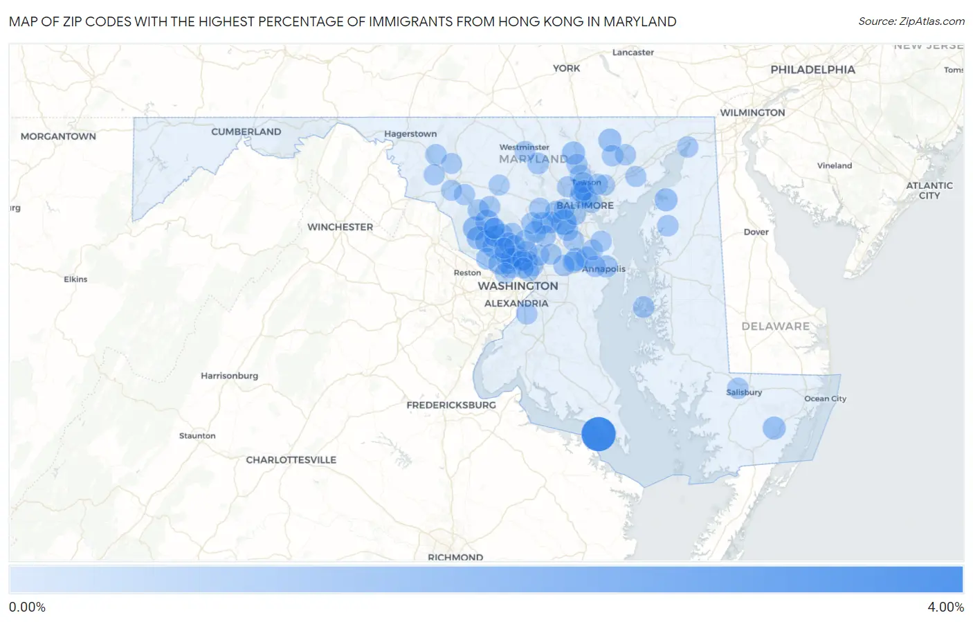 Zip Codes with the Highest Percentage of Immigrants from Hong Kong in Maryland Map