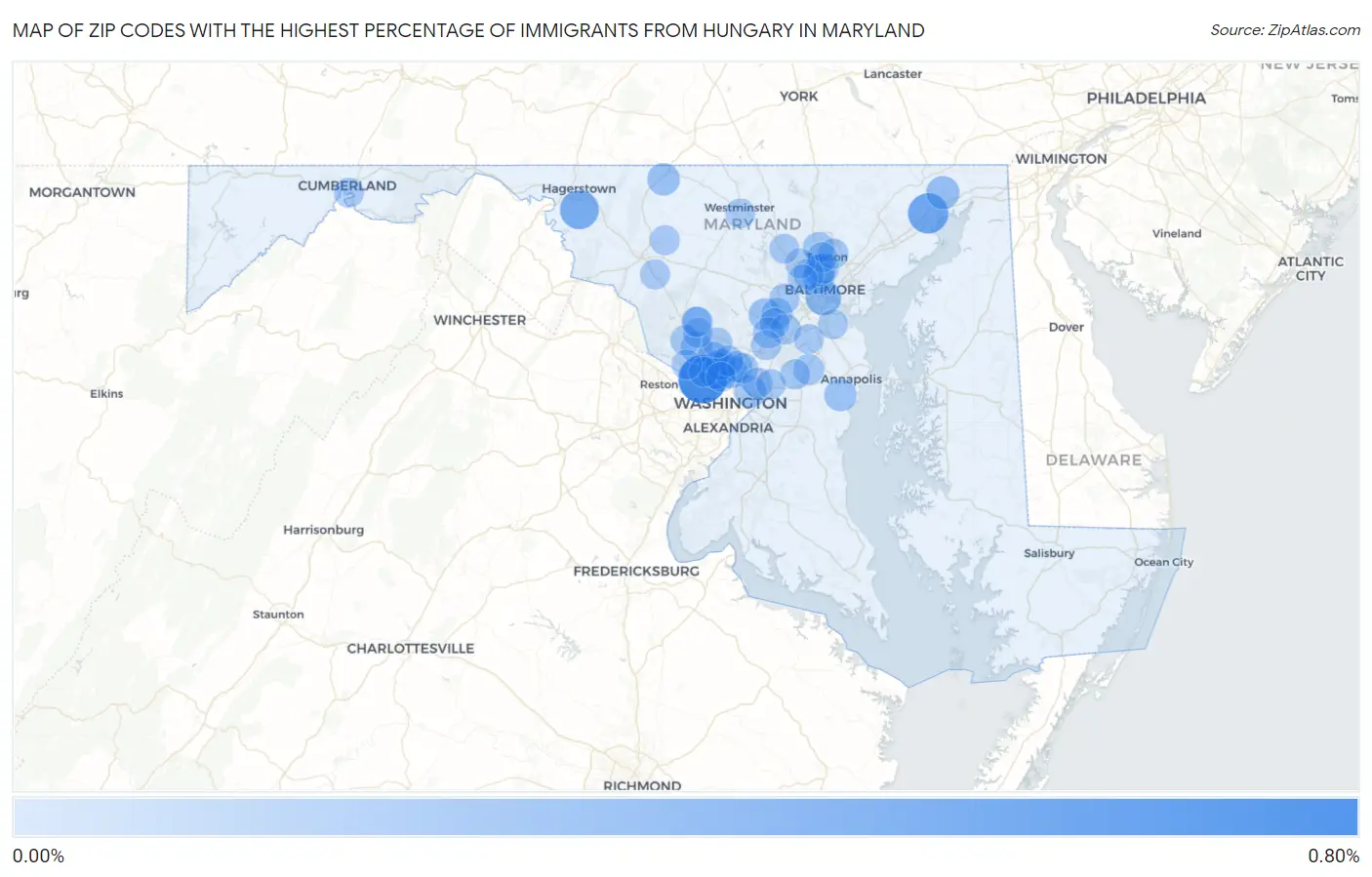 Zip Codes with the Highest Percentage of Immigrants from Hungary in Maryland Map