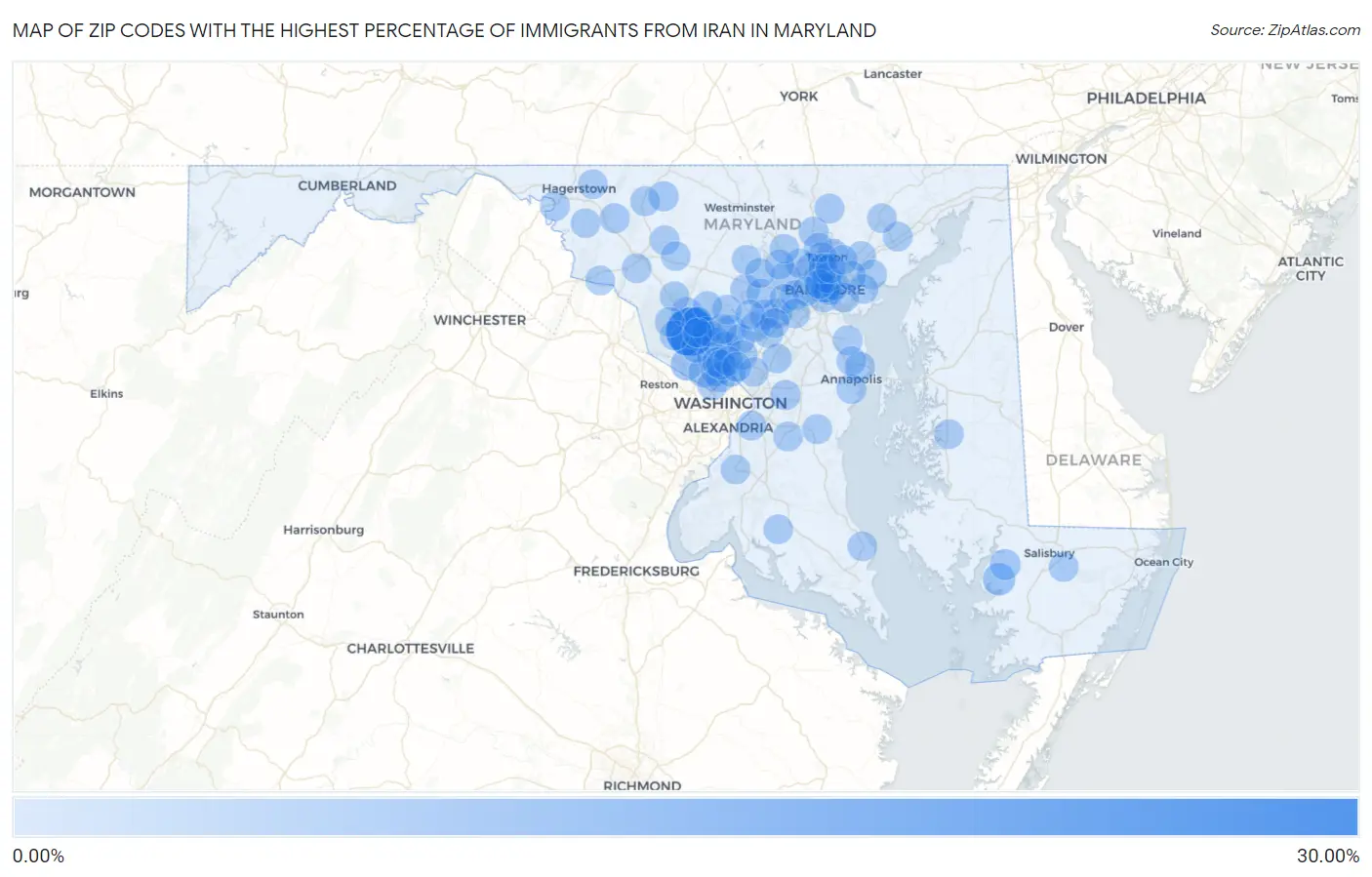 Zip Codes with the Highest Percentage of Immigrants from Iran in Maryland Map