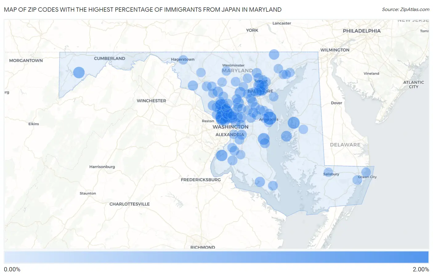 Zip Codes with the Highest Percentage of Immigrants from Japan in Maryland Map
