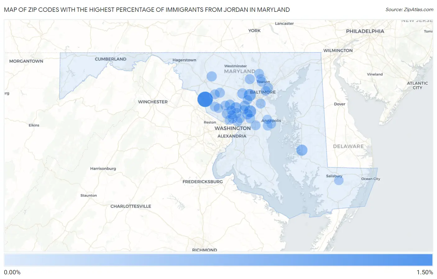 Zip Codes with the Highest Percentage of Immigrants from Jordan in Maryland Map