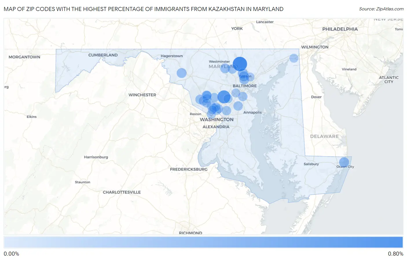 Zip Codes with the Highest Percentage of Immigrants from Kazakhstan in Maryland Map