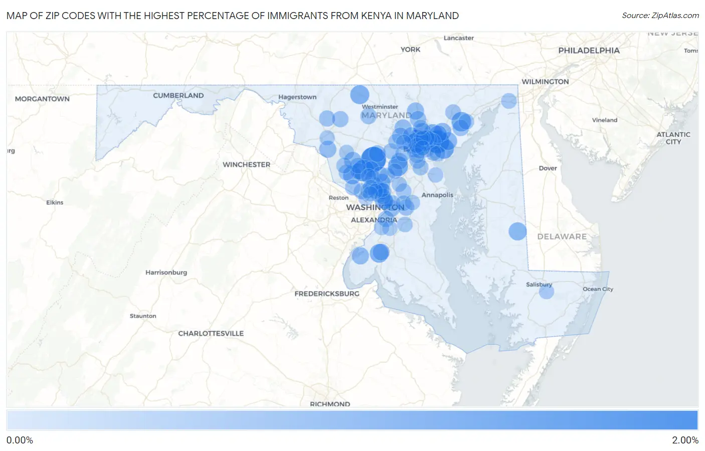 Zip Codes with the Highest Percentage of Immigrants from Kenya in Maryland Map