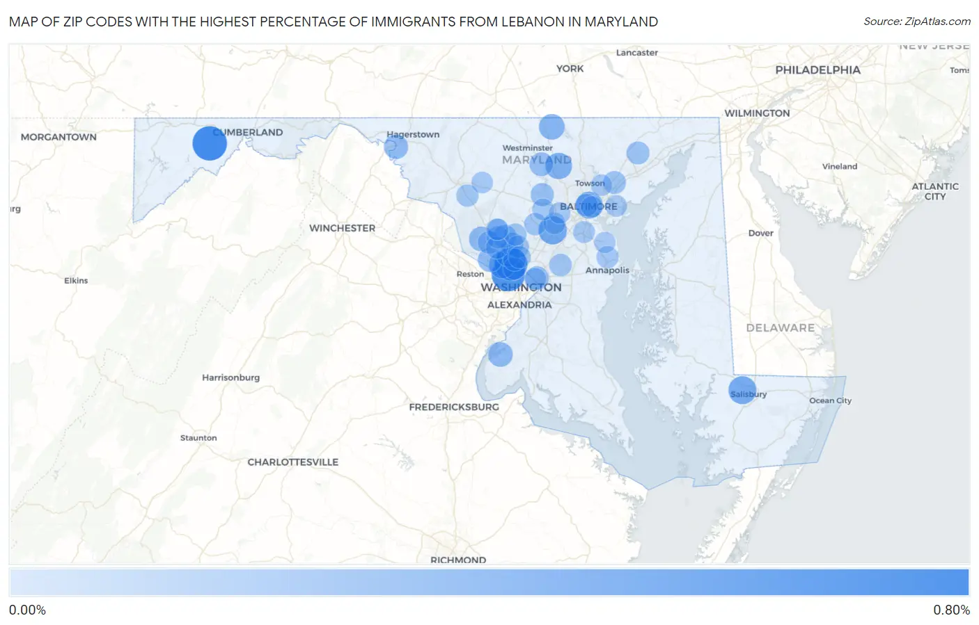 Zip Codes with the Highest Percentage of Immigrants from Lebanon in Maryland Map