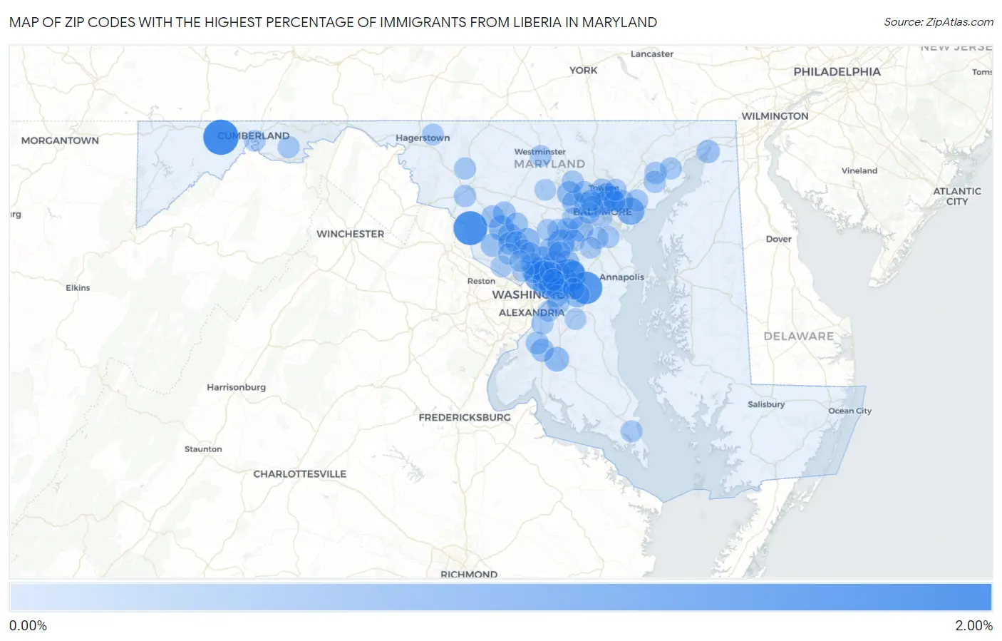 Zip Codes with the Highest Percentage of Immigrants from Liberia in Maryland Map