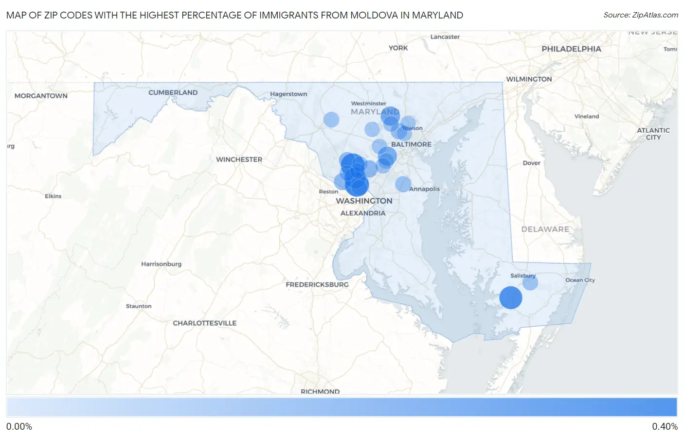 Zip Codes with the Highest Percentage of Immigrants from Moldova in Maryland Map