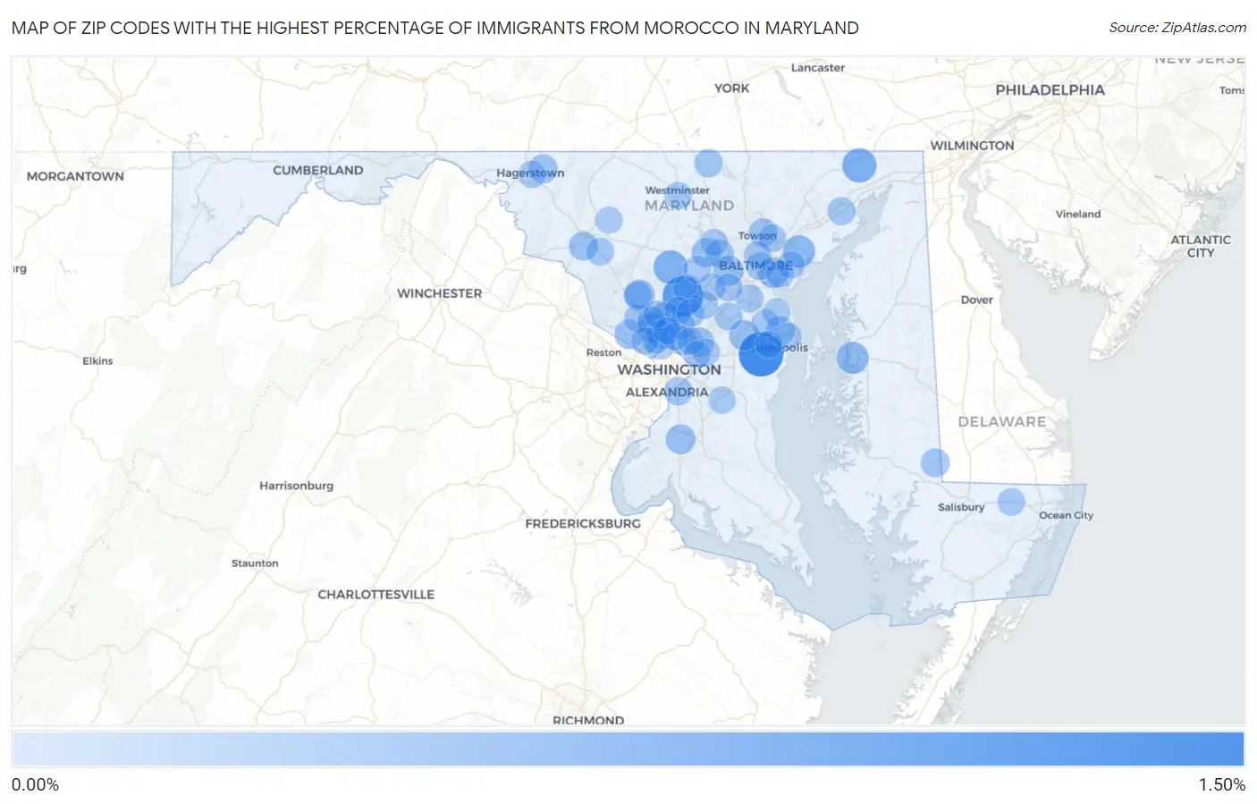 Zip Codes with the Highest Percentage of Immigrants from Morocco in Maryland Map