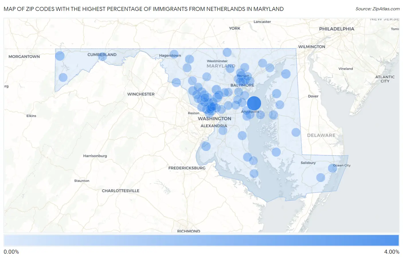 Zip Codes with the Highest Percentage of Immigrants from Netherlands in Maryland Map