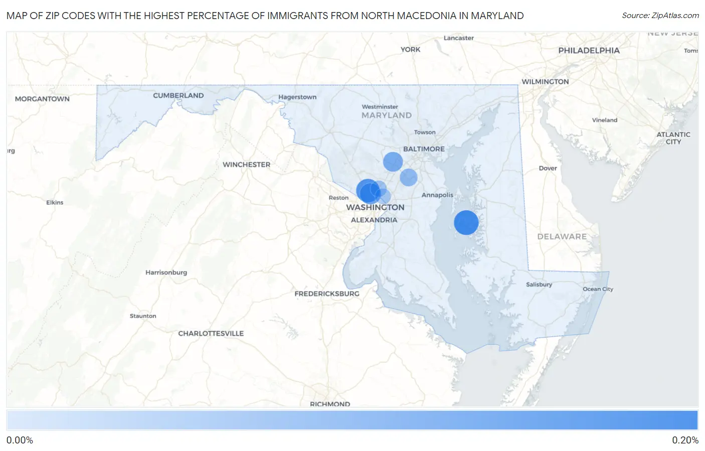 Zip Codes with the Highest Percentage of Immigrants from North Macedonia in Maryland Map