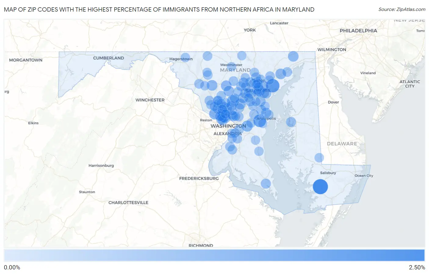 Zip Codes with the Highest Percentage of Immigrants from Northern Africa in Maryland Map