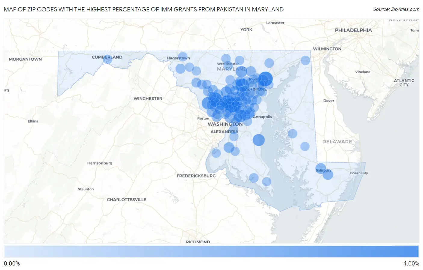 Zip Codes with the Highest Percentage of Immigrants from Pakistan in Maryland Map