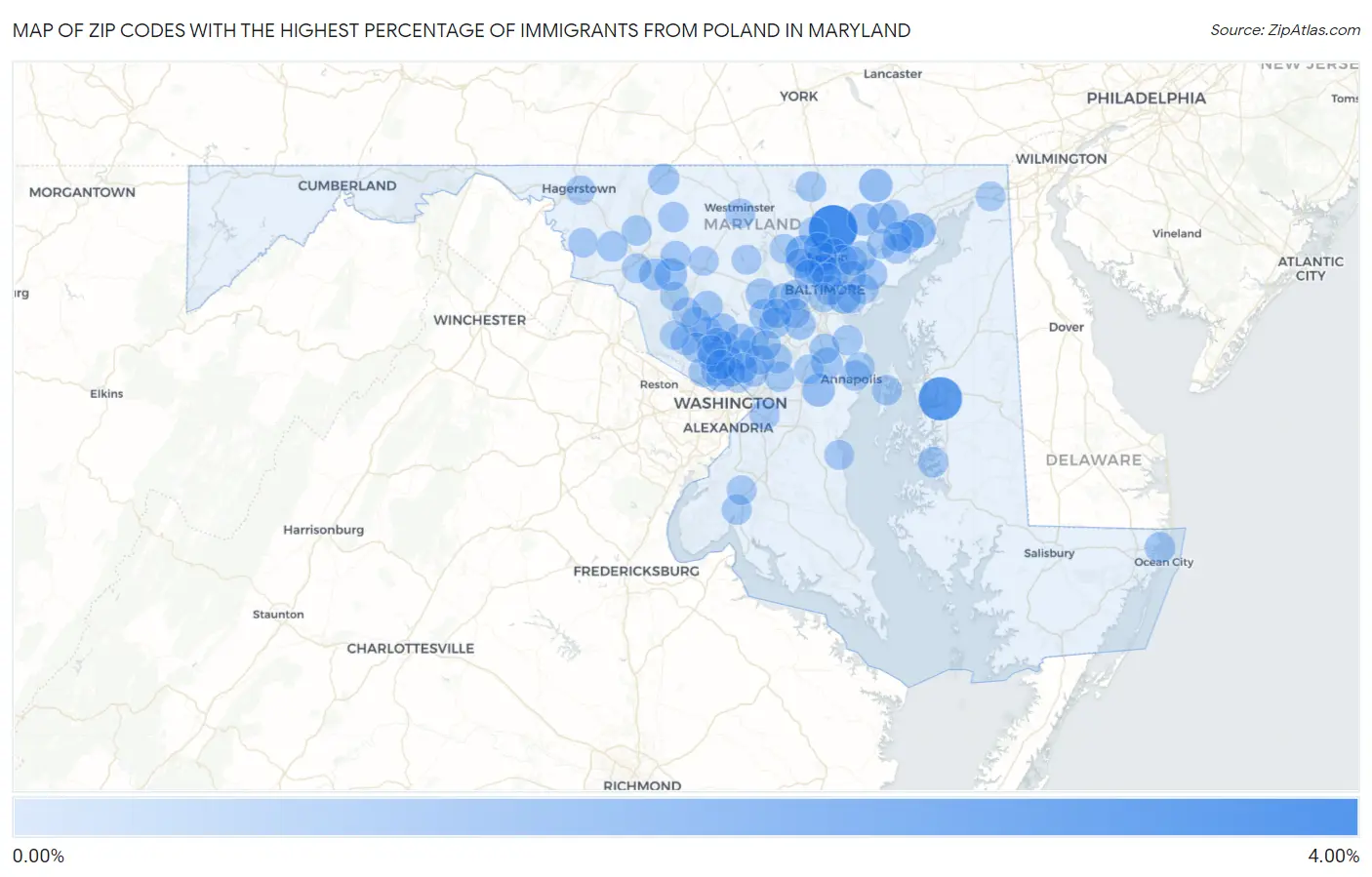 Zip Codes with the Highest Percentage of Immigrants from Poland in Maryland Map