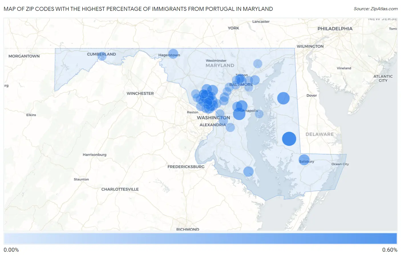 Zip Codes with the Highest Percentage of Immigrants from Portugal in Maryland Map