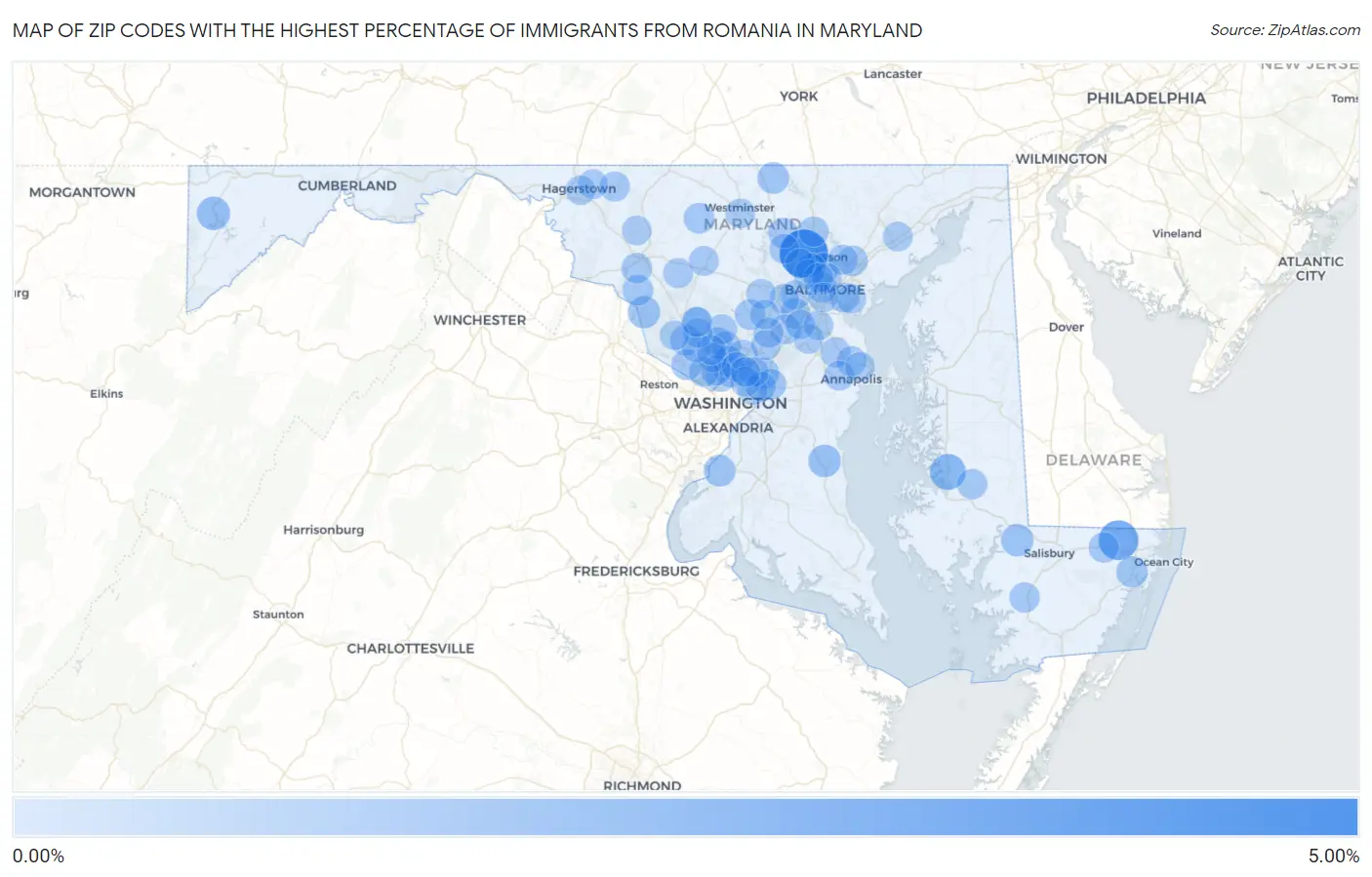 Zip Codes with the Highest Percentage of Immigrants from Romania in Maryland Map