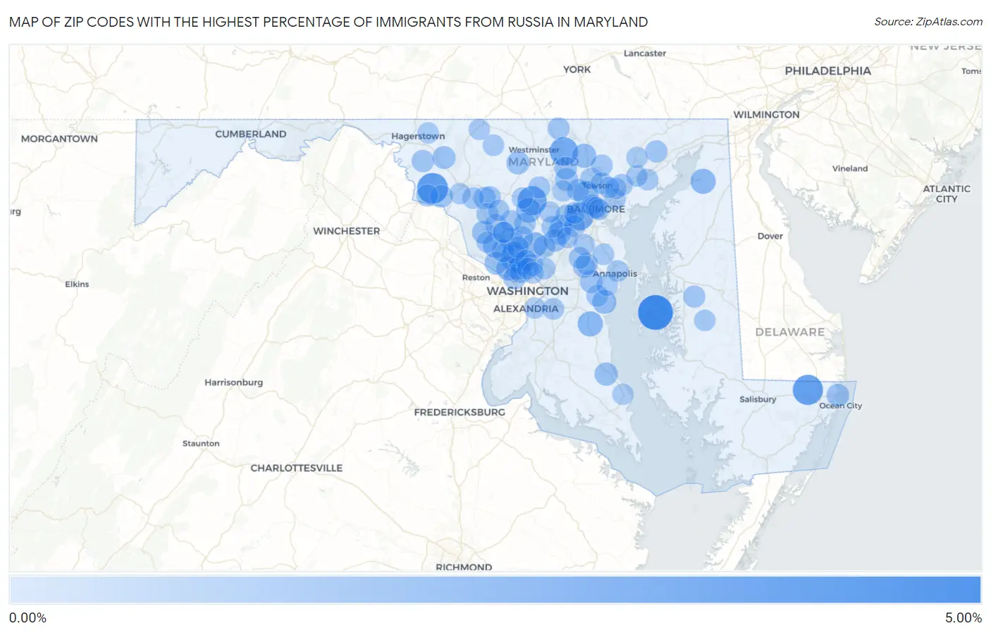 Zip Codes with the Highest Percentage of Immigrants from Russia in Maryland Map