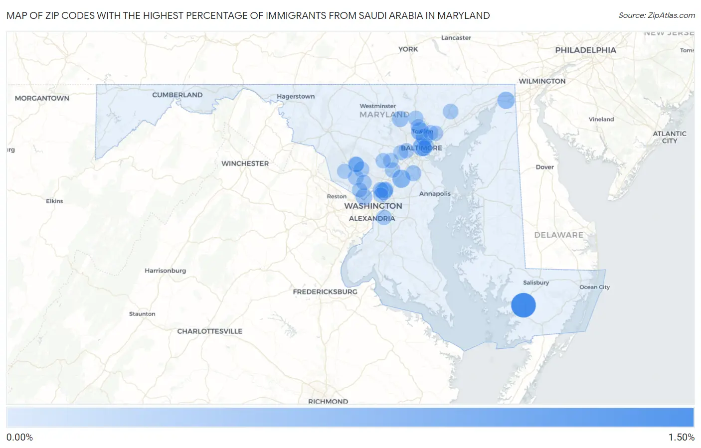 Zip Codes with the Highest Percentage of Immigrants from Saudi Arabia in Maryland Map