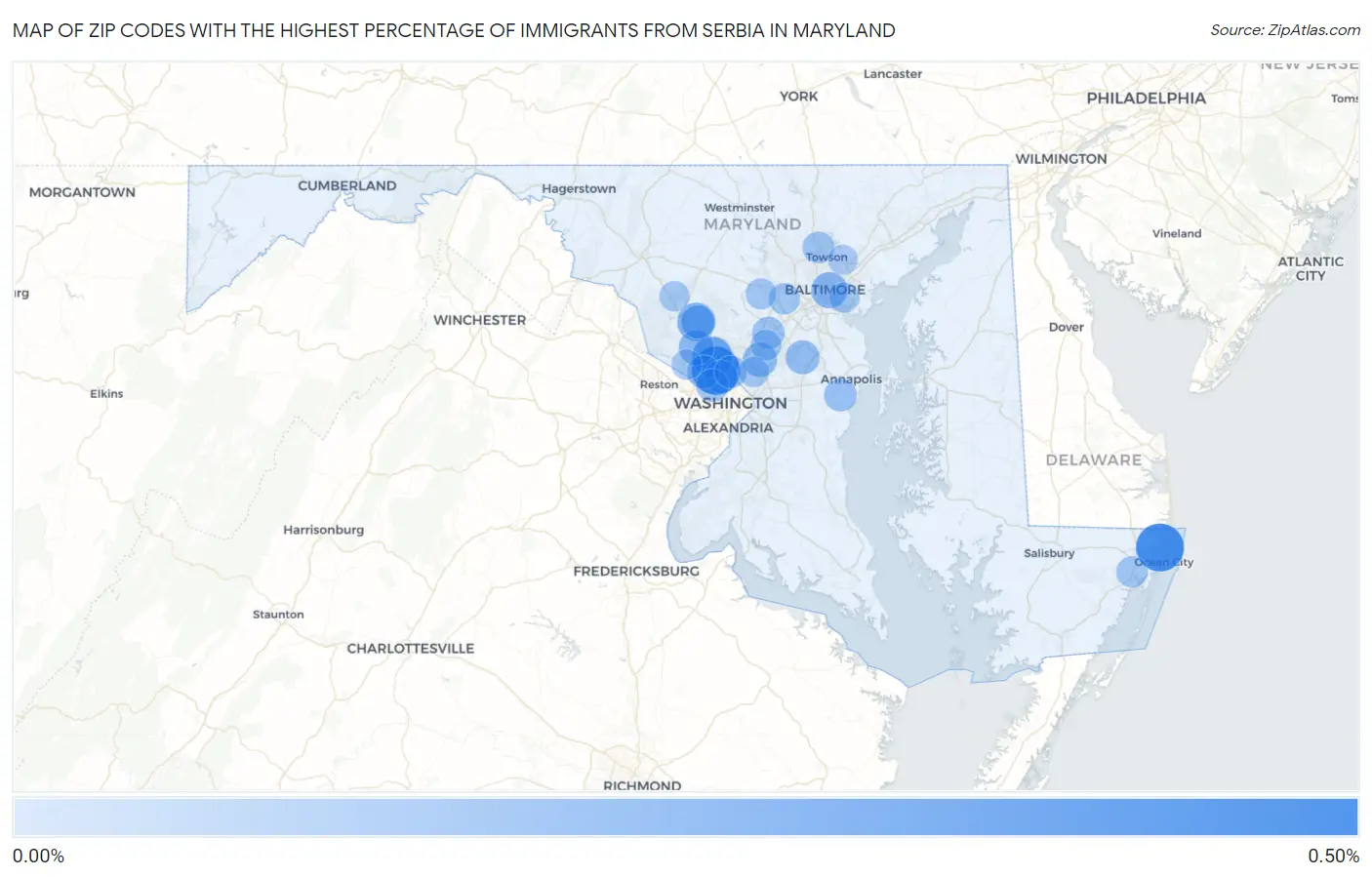 Zip Codes with the Highest Percentage of Immigrants from Serbia in Maryland Map