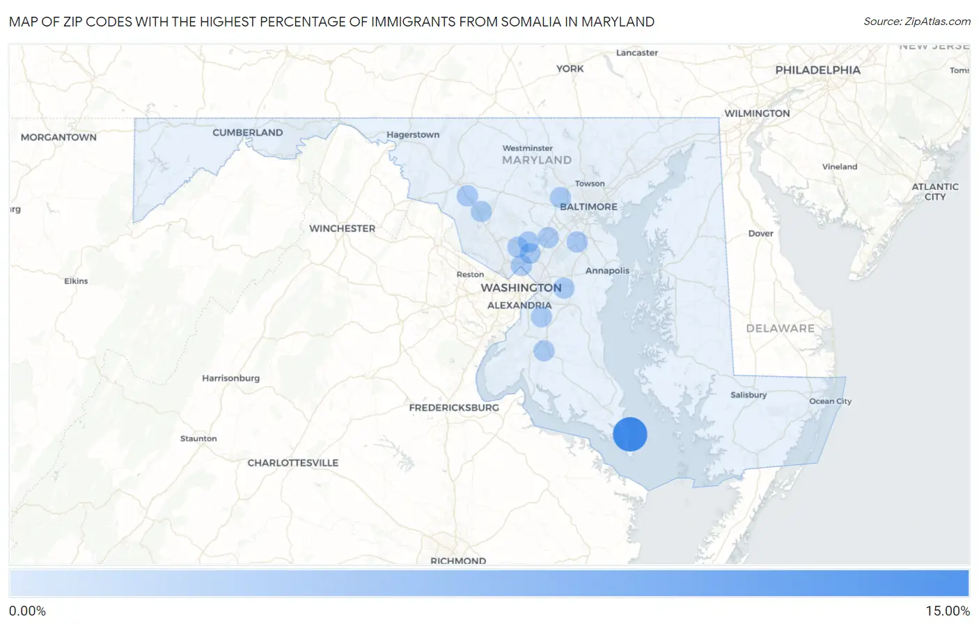 Zip Codes with the Highest Percentage of Immigrants from Somalia in Maryland Map