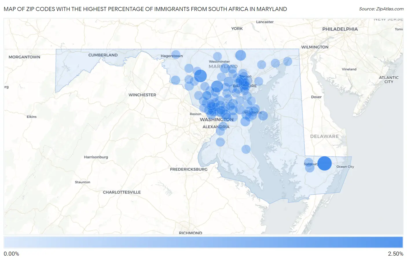 Zip Codes with the Highest Percentage of Immigrants from South Africa in Maryland Map