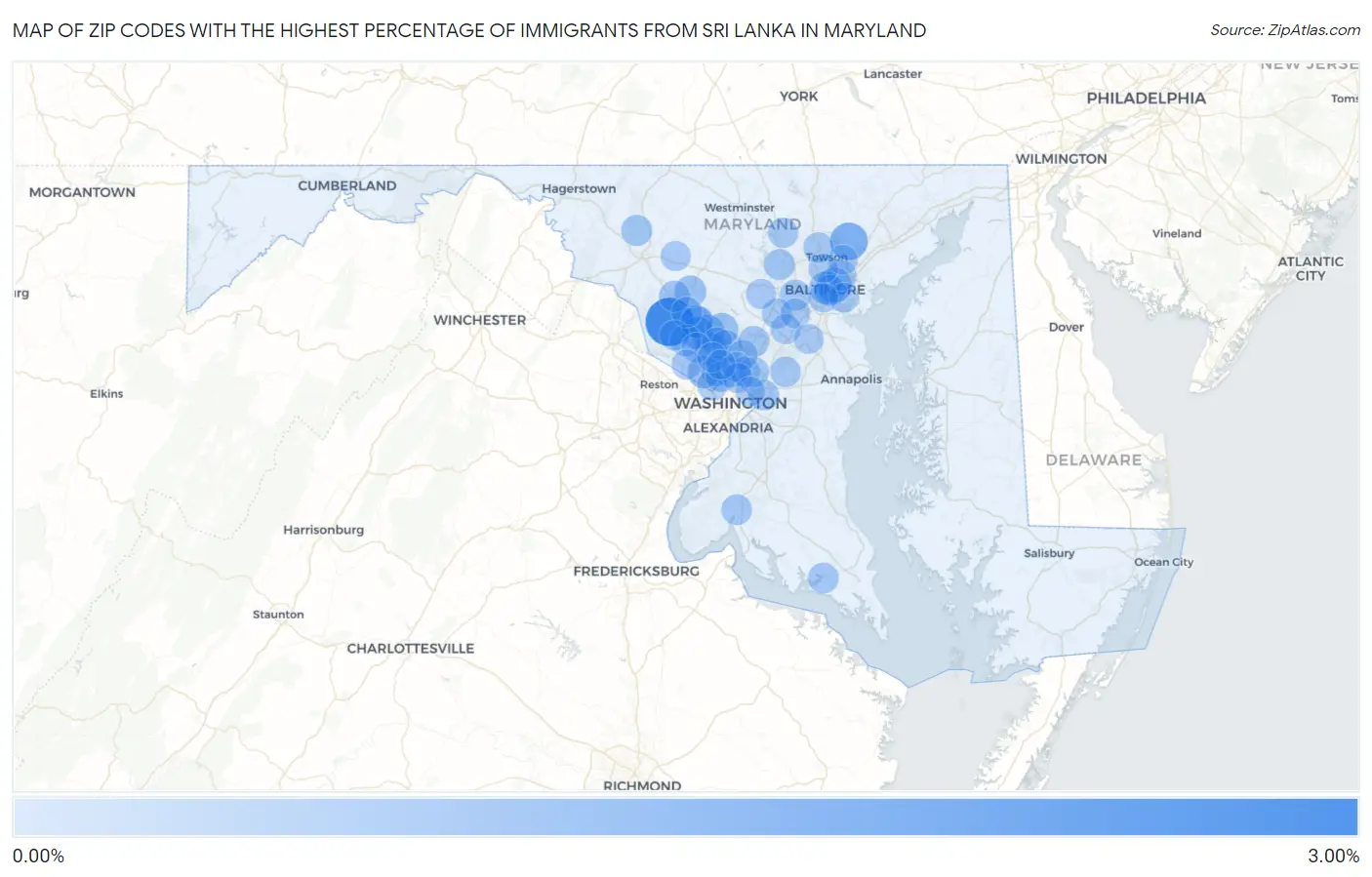 Zip Codes with the Highest Percentage of Immigrants from Sri Lanka in Maryland Map