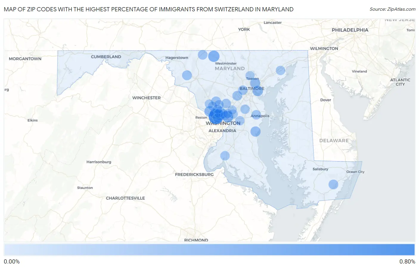 Zip Codes with the Highest Percentage of Immigrants from Switzerland in Maryland Map