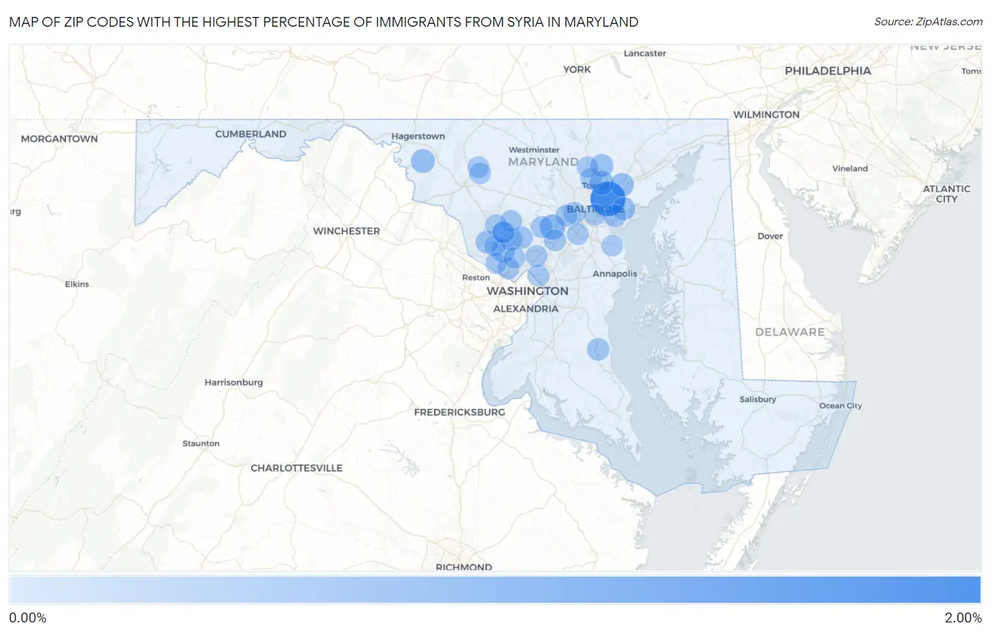 Zip Codes with the Highest Percentage of Immigrants from Syria in Maryland Map