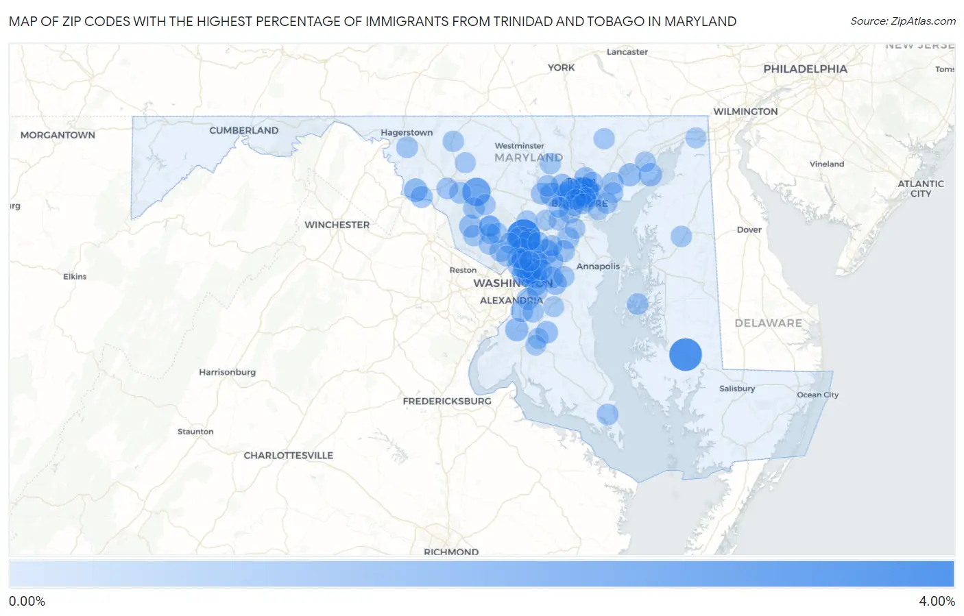Zip Codes with the Highest Percentage of Immigrants from Trinidad and Tobago in Maryland Map