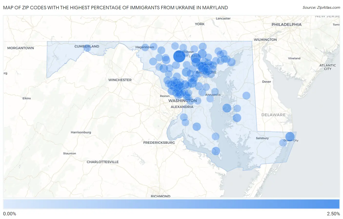 Zip Codes with the Highest Percentage of Immigrants from Ukraine in Maryland Map