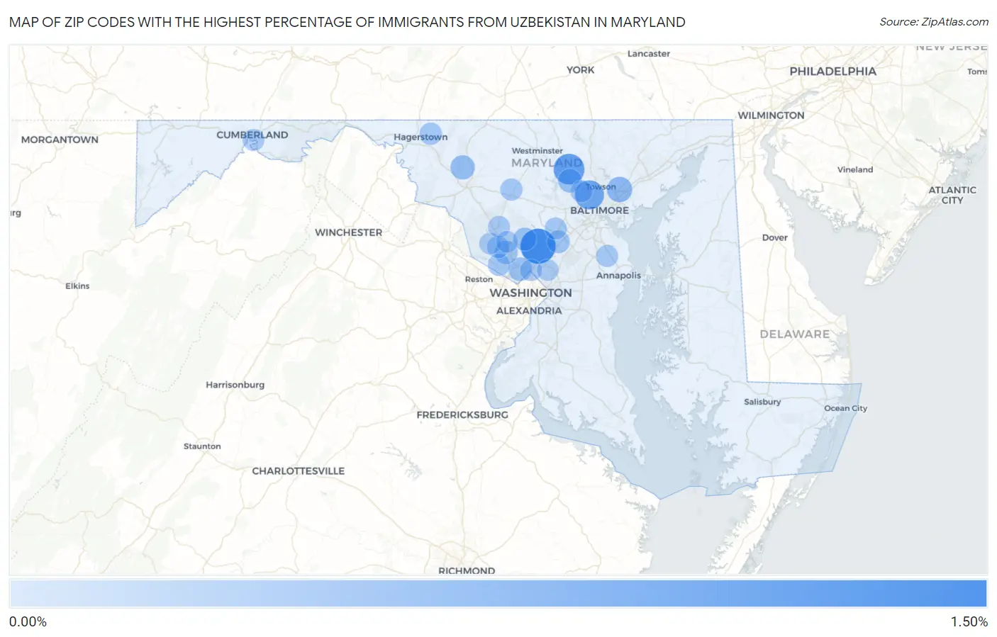 Zip Codes with the Highest Percentage of Immigrants from Uzbekistan in Maryland Map