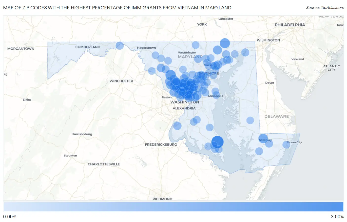 Zip Codes with the Highest Percentage of Immigrants from Vietnam in Maryland Map