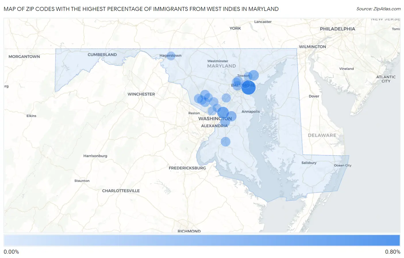 Zip Codes with the Highest Percentage of Immigrants from West Indies in Maryland Map