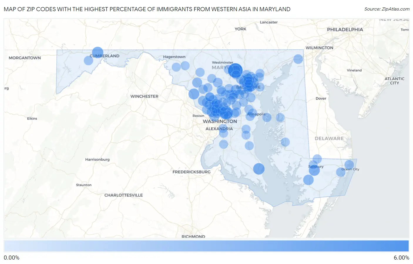 Zip Codes with the Highest Percentage of Immigrants from Western Asia in Maryland Map