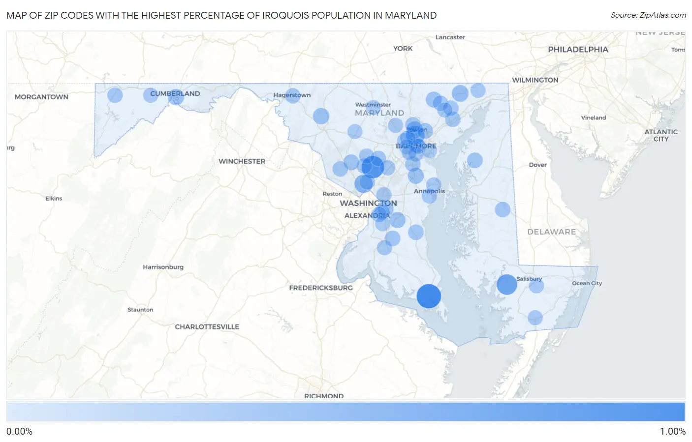 Zip Codes with the Highest Percentage of Iroquois Population in Maryland Map